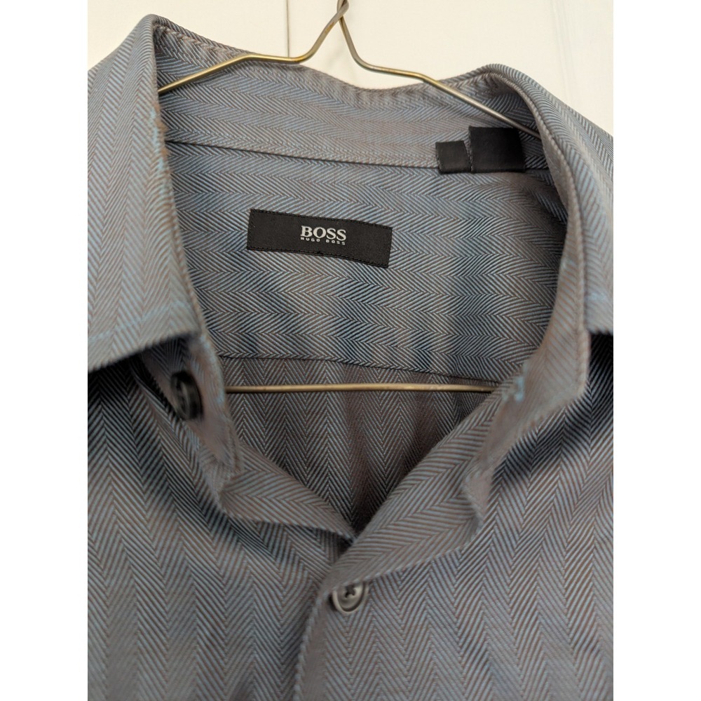 Men's HUGO BOSS Long Sleeve Dress Button Down Shirt Size 16 41 L Blue Flaw